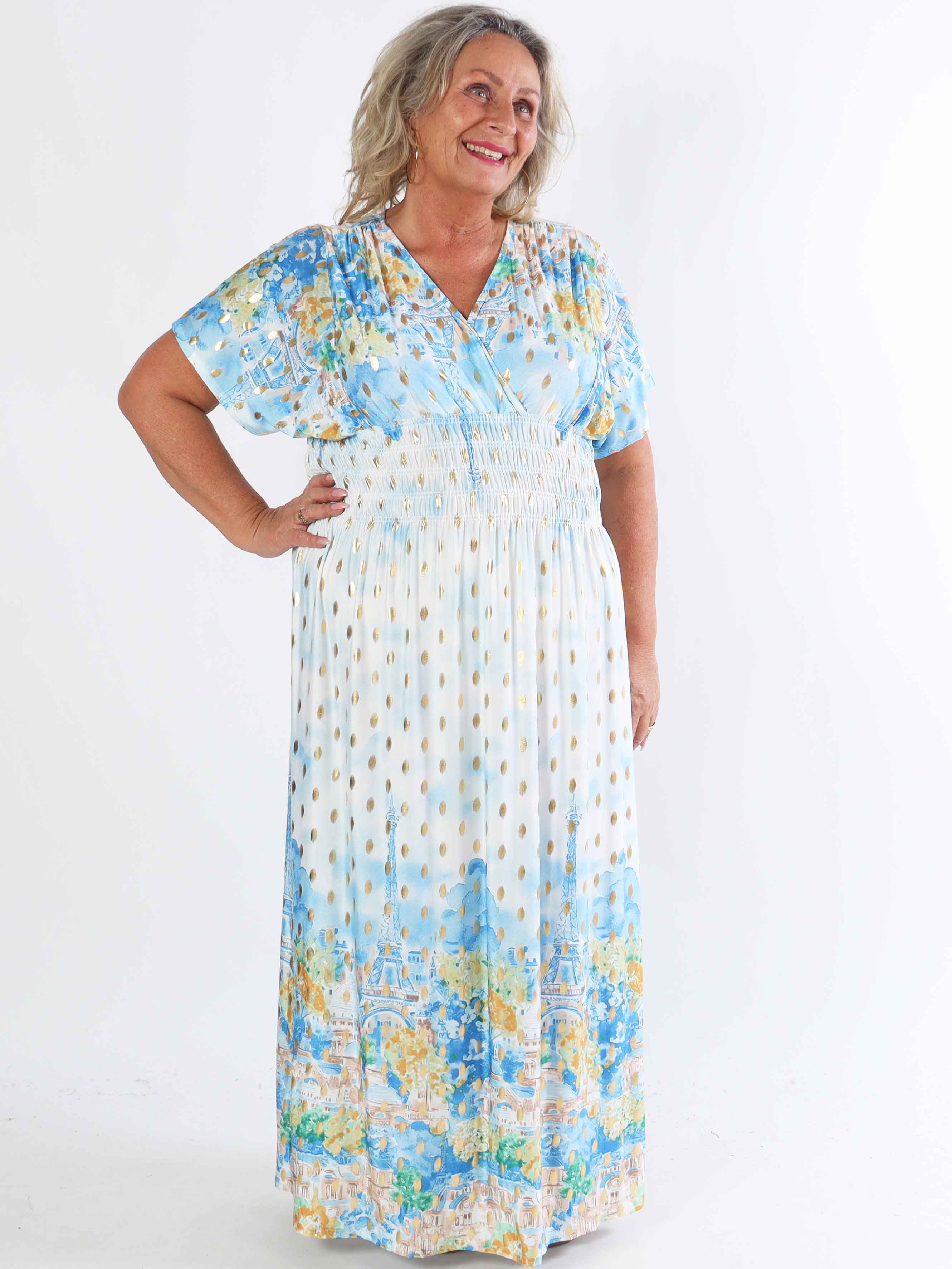 Pams Paris - Lang elastisk plus size kjole med guld dutter